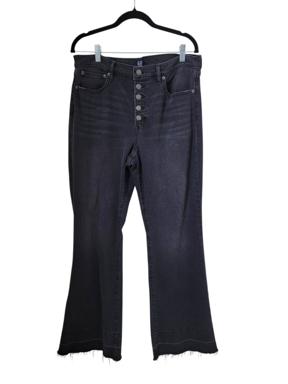 GAP Size 14/32 Washed Black Button Fly Flare Leg Jeans, Raw/Frayed Hem